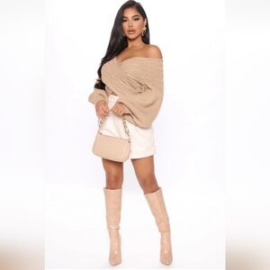 Cable Knit Crossover Off The Shoulder Sweater In Taupe, Sz M, New, W/Tags!